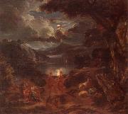 A pastoral scene with shepherds and nymphs dancing in the moonlight by the edge of a lake unknow artist